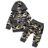 A two-piece baby clothing set featuring a camouflage hoodie and matching pants. The hoodie has a green, beige, and black camo pattern with a solid dark gray hood and cuffs, and a front patch reading 'DADDY'S BOY' in white text.