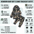 Camouflage tracksuit outfit for newborn baby boys, featuring a hooded long-sleeve shirt and matching pants with 'DADDY'S BOY' printed on the chest. The image includes a material, style, sleeve length, size guide, pattern, season, and occasion infographic on a light gray background.