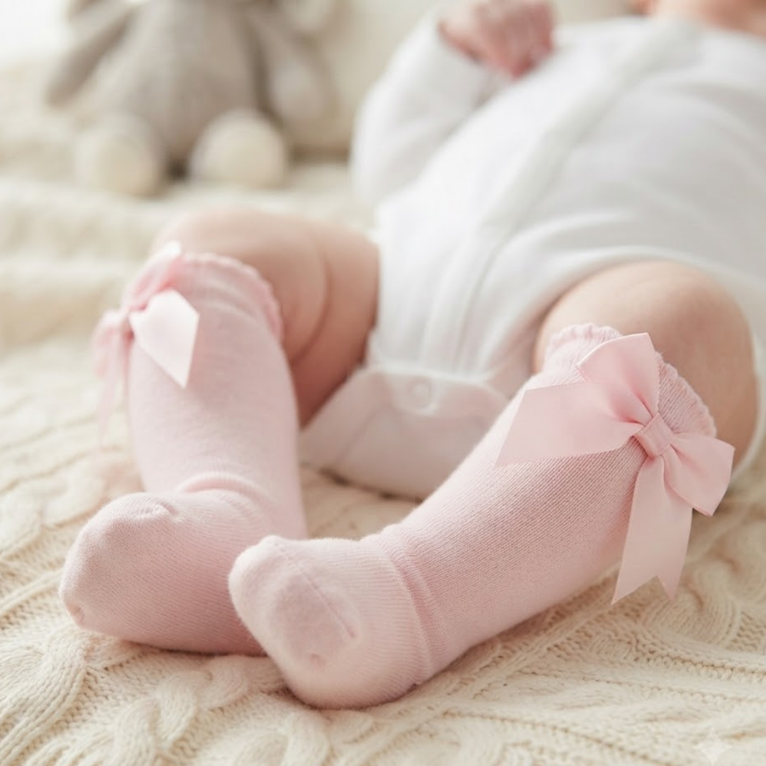 A close-up of a baby's legs wearing light pink knit booties with large bow details, lying on a cream cable-knit blanket.