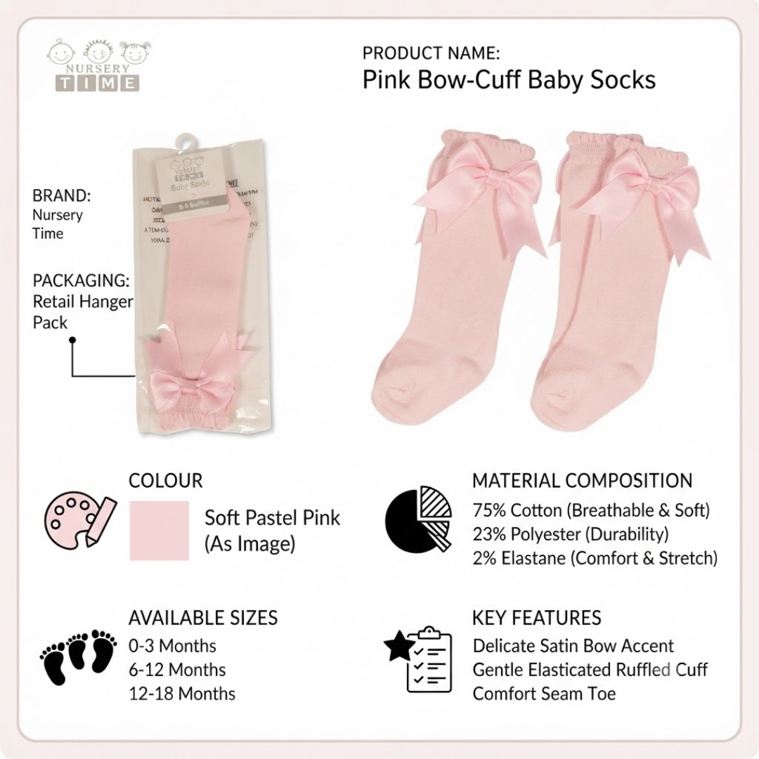 A product information graphic for Nursery Time Pink Bow-Cuff Baby Socks. The image shows the retail hanger packaging on the left, two light pink socks with bows on the right, and text detailing the brand, product name, color (soft pastel pink), material composition (75% cotton, 23% polyester, 2% elastane), available sizes, and key features.
