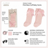 A product information graphic for Nursery Time Pink Bow-Cuff Baby Socks. The image shows the retail hanger packaging on the left, two light pink socks with bows on the right, and text detailing the brand, product name, color (soft pastel pink), material composition (75% cotton, 23% polyester, 2% elastane), available sizes, and key features.