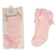 A pair of baby tights in light pink, shown both inside their clear plastic packaging on the left and loose on the right. Each tights features an elasticated top and a large matching satin bow at the ankle.