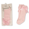 A pair of baby tights in light pink, shown both inside their clear plastic packaging on the left and loose on the right. Each tights features an elasticated top and a large matching satin bow at the ankle.