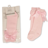 A pair of baby tights in light pink, shown both inside their clear plastic packaging on the left and loose on the right. Each tights features an elasticated top and a large matching satin bow at the ankle.