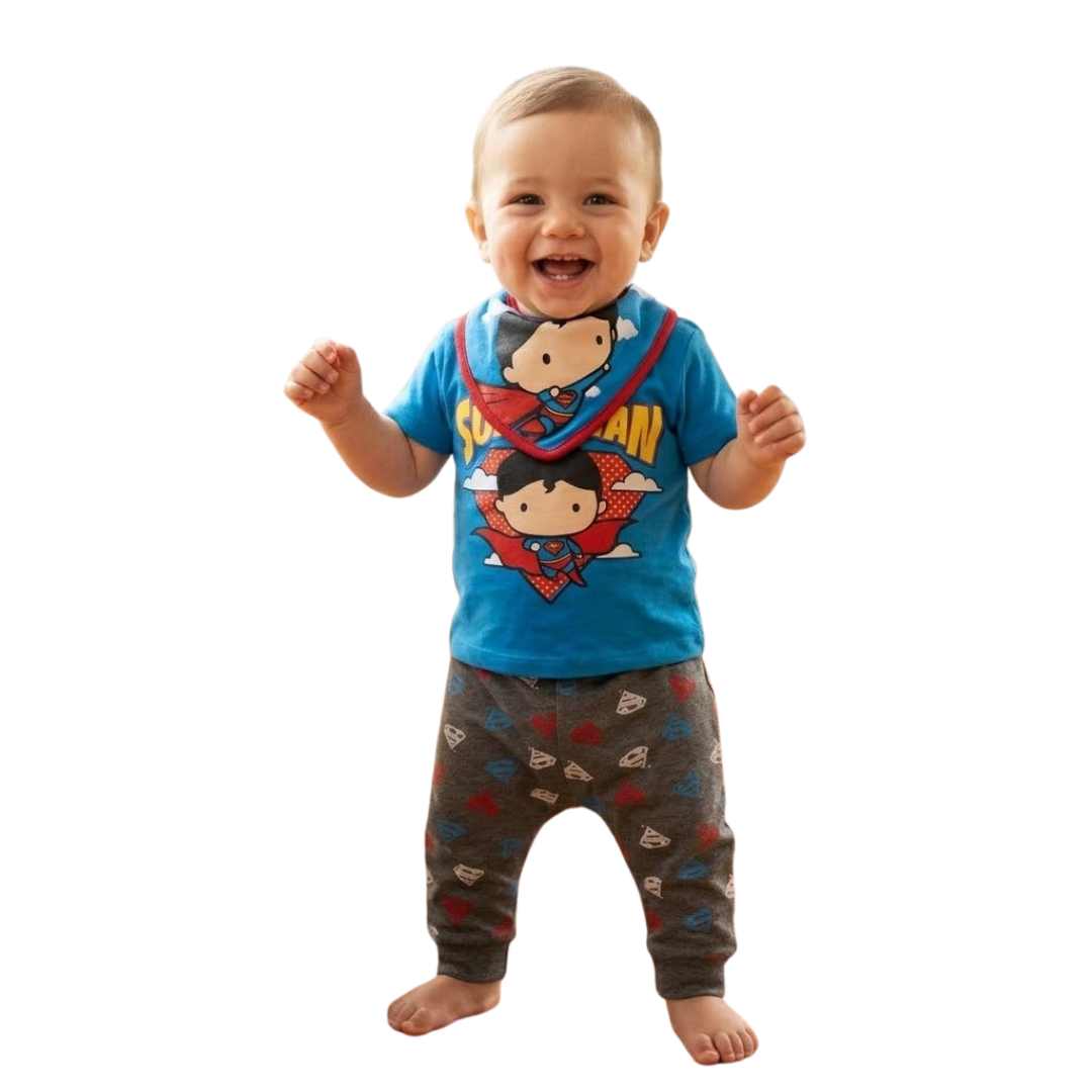 Happy toddler standing in a blue Superman outfit and matching bib.