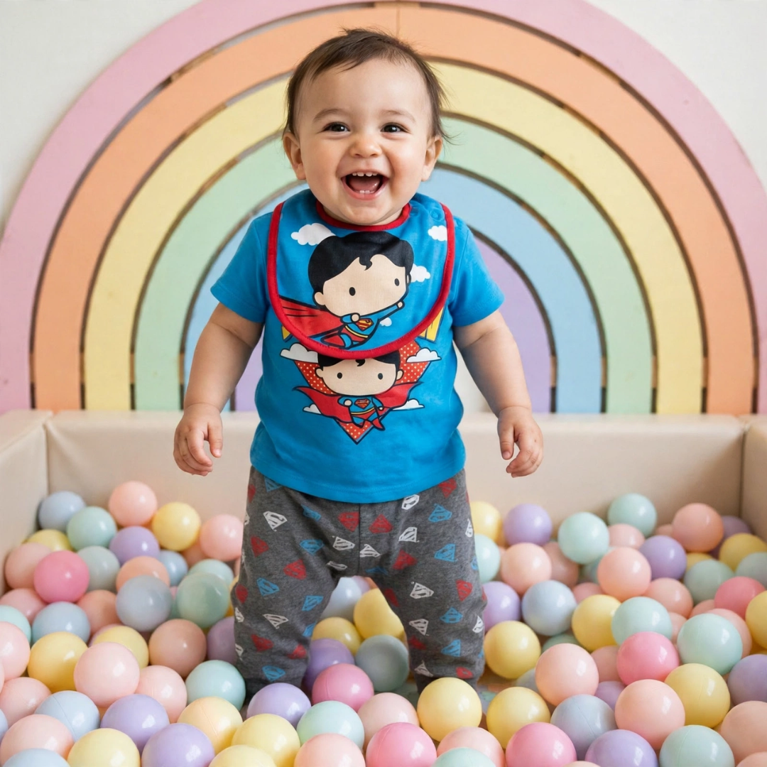 Smiling baby in a Superman outfit standing in a colorful ball pit.