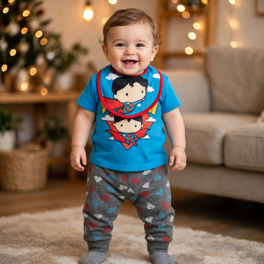 Smiling baby wearing a Superman outfit in a warmly lit, festively decorated room.