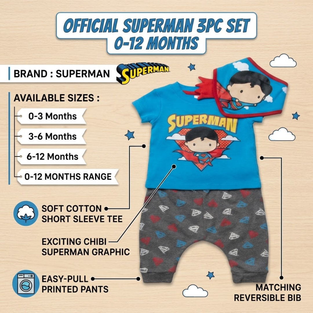 Infographic for a 3-piece baby Superman set showing product details and available sizes from 0 to 12 months.