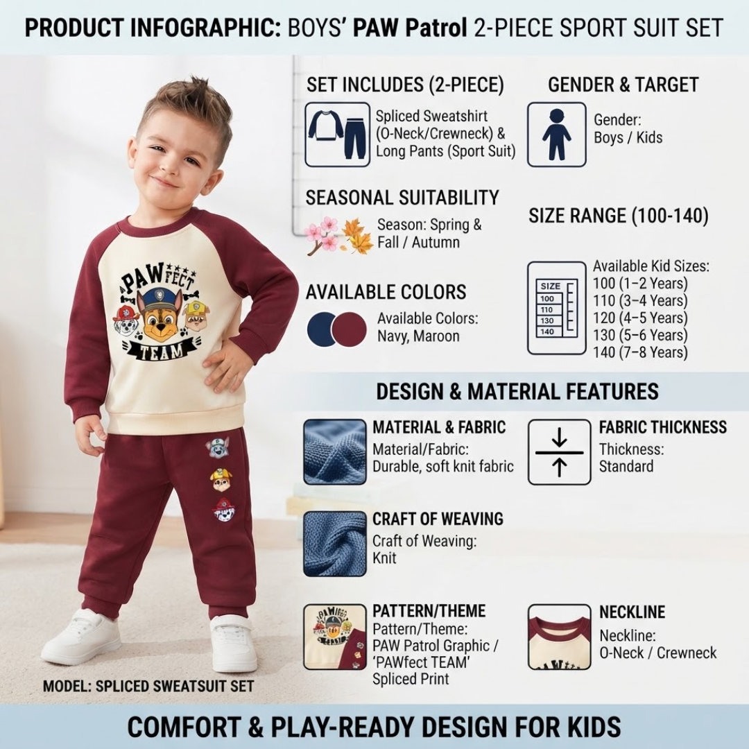 A product infographic for a boys' PAW Patrol 2-piece sport suit set, featuring a young boy modeling the navy and maroon set on the left, with detailed text callouts on the right about set contents, target gender, seasonal suitability, size range, available colors, design and material features, and a neckline diagram.