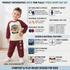 A product infographic for a boys' PAW Patrol 2-piece sport suit set, featuring a young boy modeling the navy and maroon set on the left, with detailed text callouts on the right about set contents, target gender, seasonal suitability, size range, available colors, design and material features, and a neckline diagram.