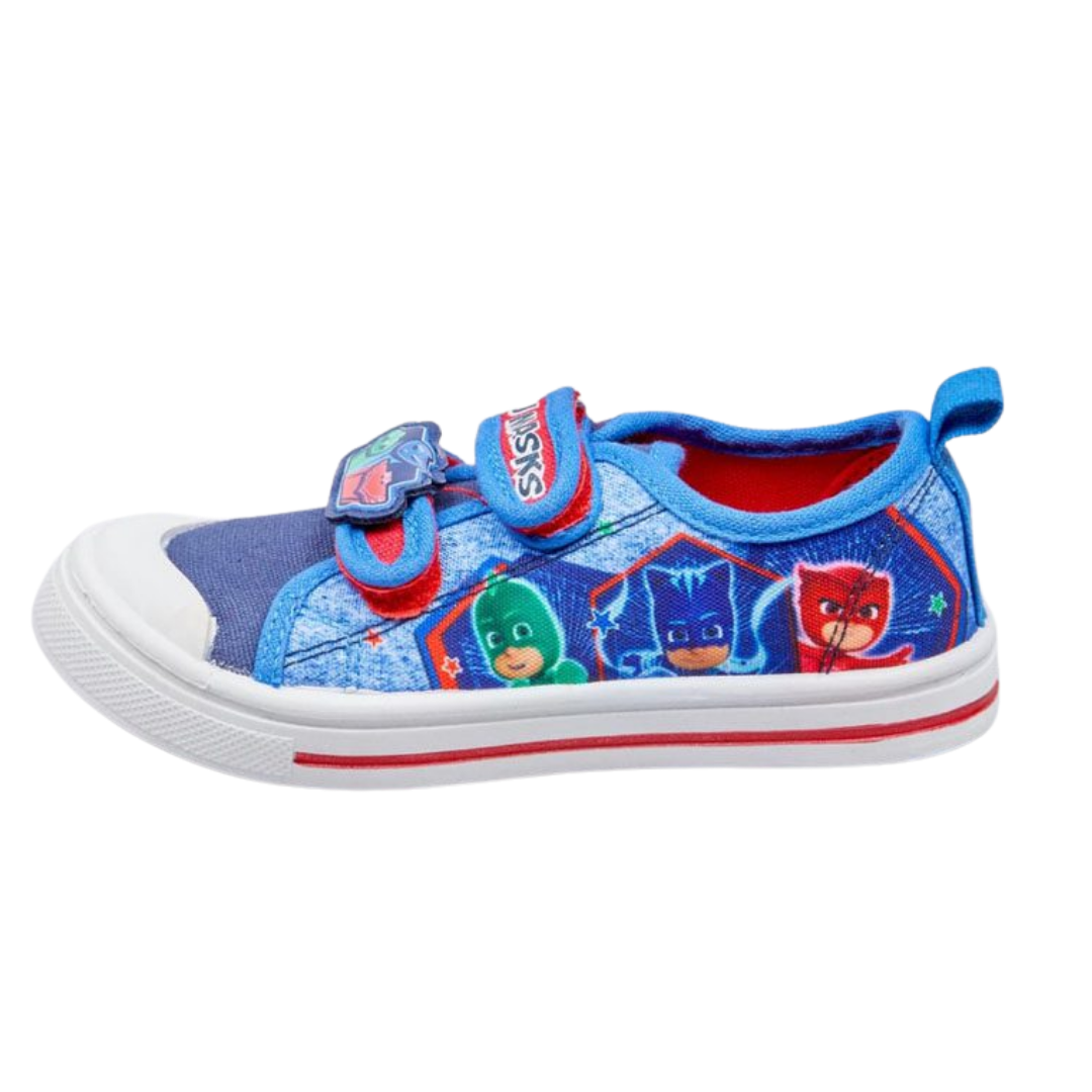A children's blue PJ Masks canvas sneaker with red and blue hook-and-loop straps, featuring character graphics of Gekko, Catboy, and Owlette on the side, set against a plain white background.