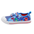 A children's blue PJ Masks canvas sneaker with red and blue hook-and-loop straps, featuring character graphics of Gekko, Catboy, and Owlette on the side, set against a plain white background.