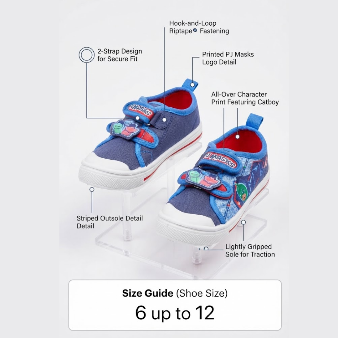 A pair of blue cartoon-themed toddler sneakers with white soles and hook-and-loop straps, shown on clear display stands with callout labels pointing to features like secure fit, logo detail, and traction sole. A white panel at the bottom reads 'Size Guide (Shoe Size) 6 up to 12'.