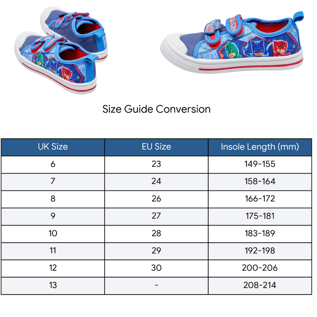 Children's blue low-top sneakers with cartoon graphics, shown above a size conversion table listing UK size, EU size, and insole length for sizes 6 through 13.
