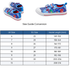 Children's blue low-top sneakers with cartoon graphics, shown above a size conversion table listing UK size, EU size, and insole length for sizes 6 through 13.