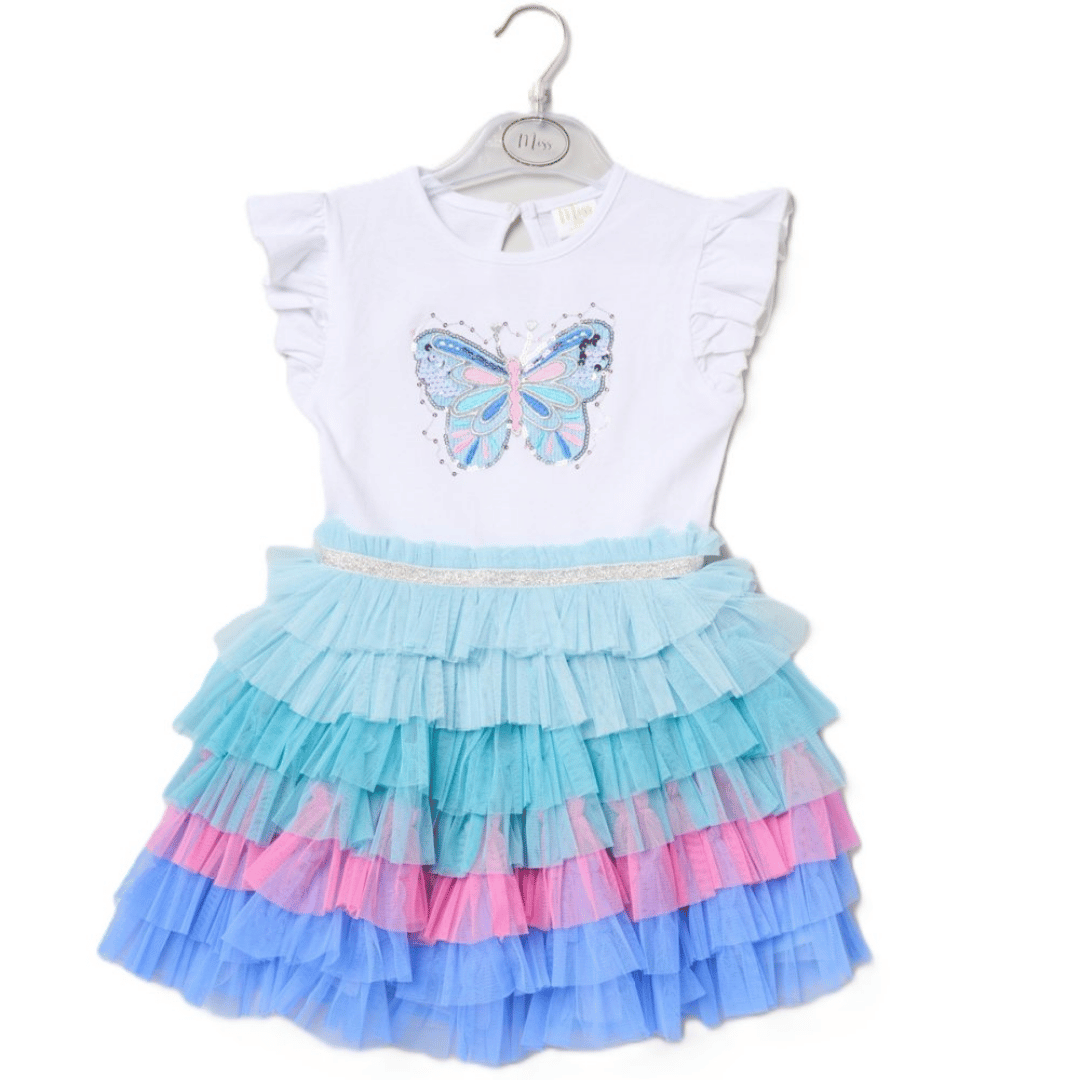 Children's dress with butterfly design on a white background