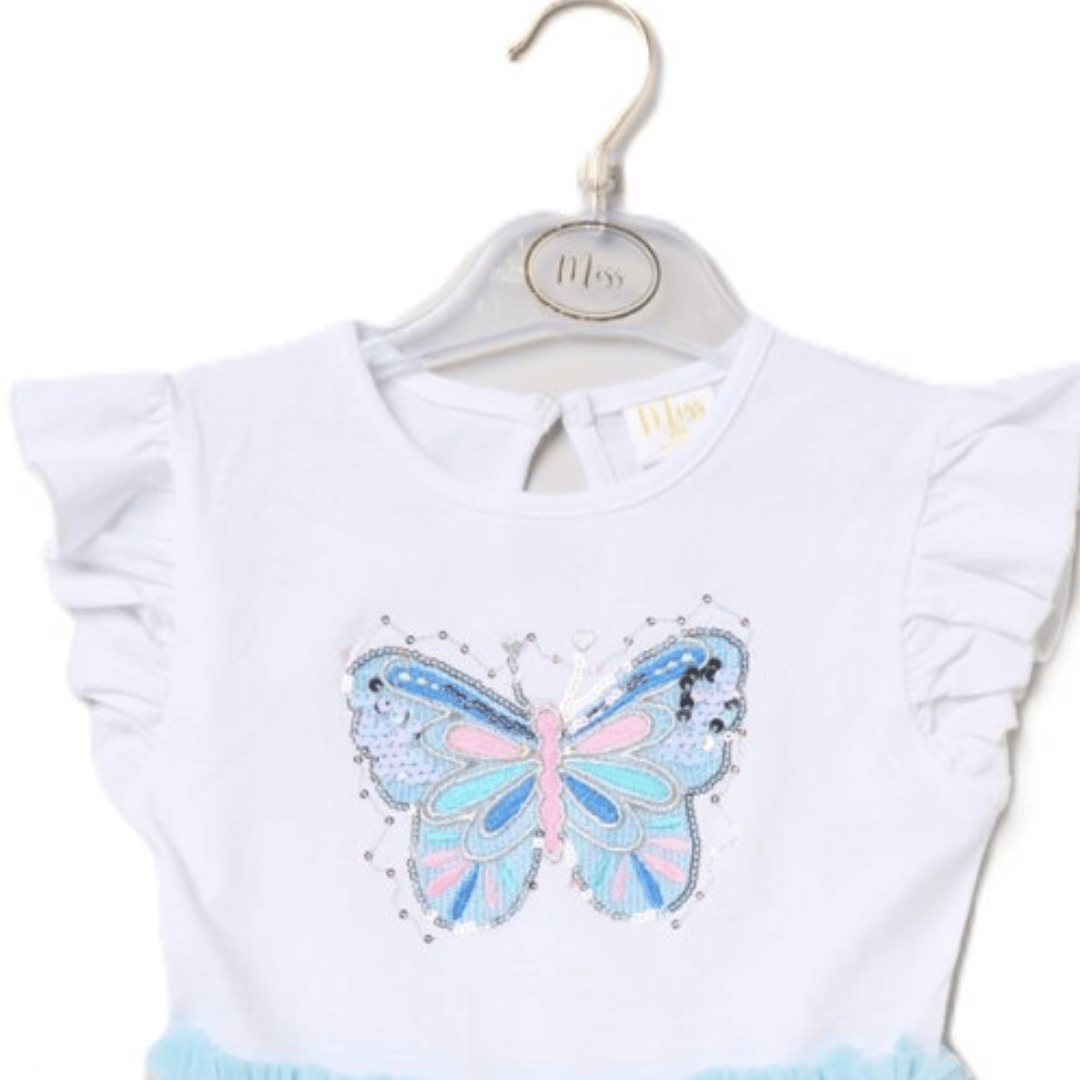 White baby outfit with a colorful butterfly design on a hanger