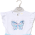 White baby outfit with a colorful butterfly design on a hanger