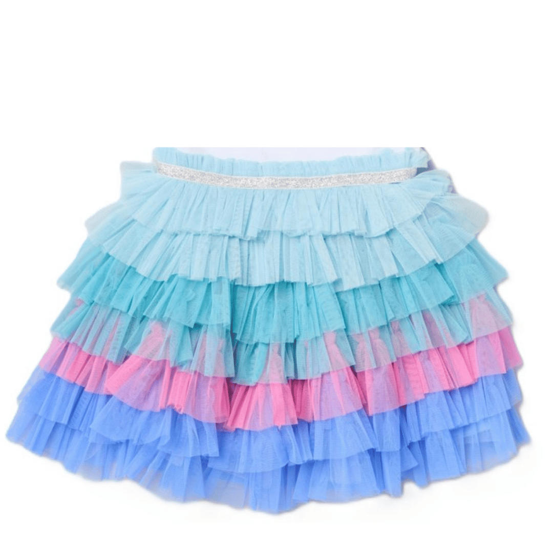 Layered ruffle skirt with blue and pink colors on a white background