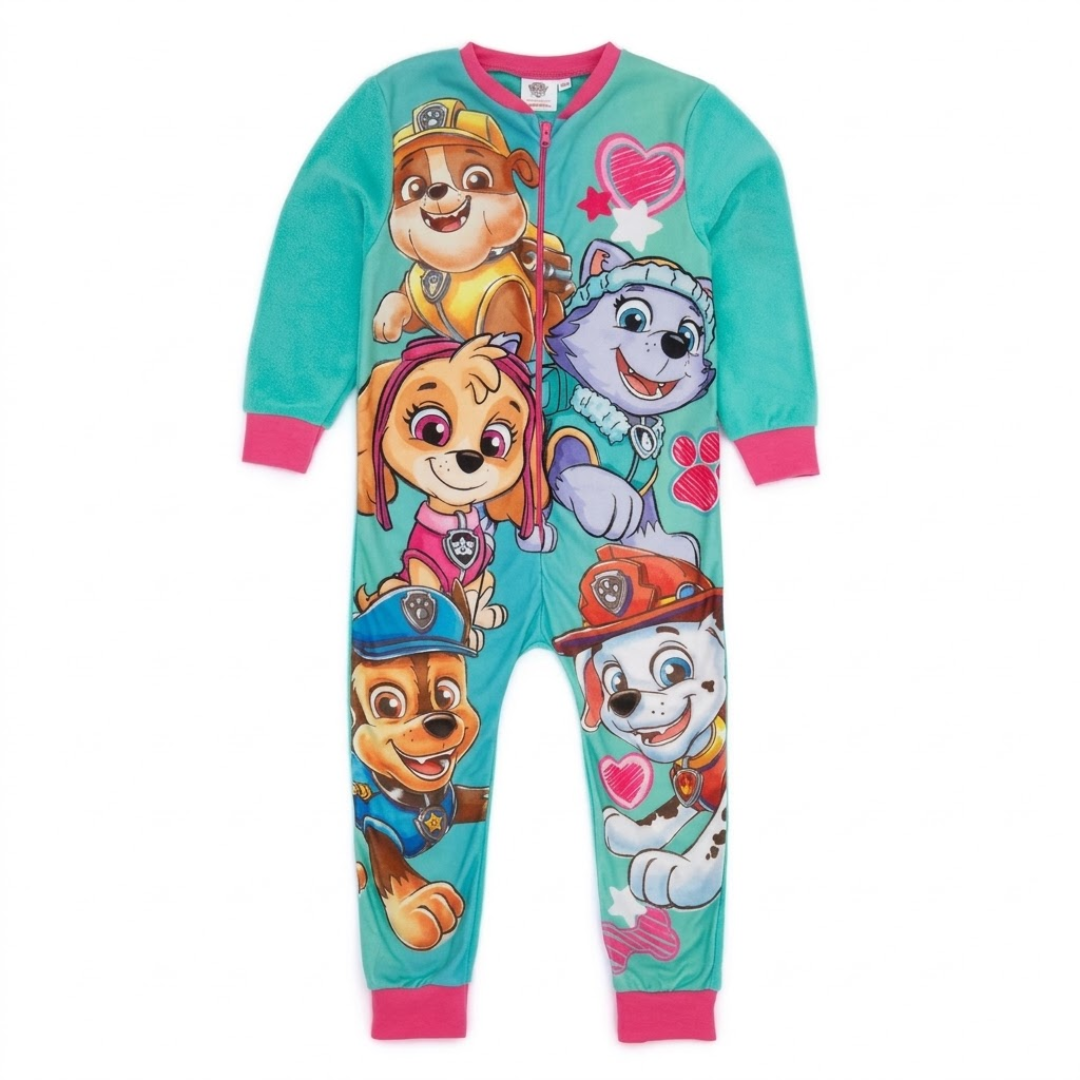 Turquoise and pink Paw Patrol long-sleeve fleece onesie featuring characters such as Marshall, Chase, Rubble, Skye, and Everest.
