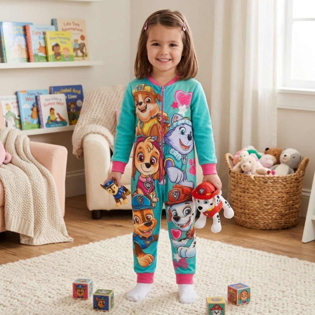 Young girl smiling while wearing a turquoise and pink Paw Patrol fleece onesie, holding Paw Patrol toys in a playroom.