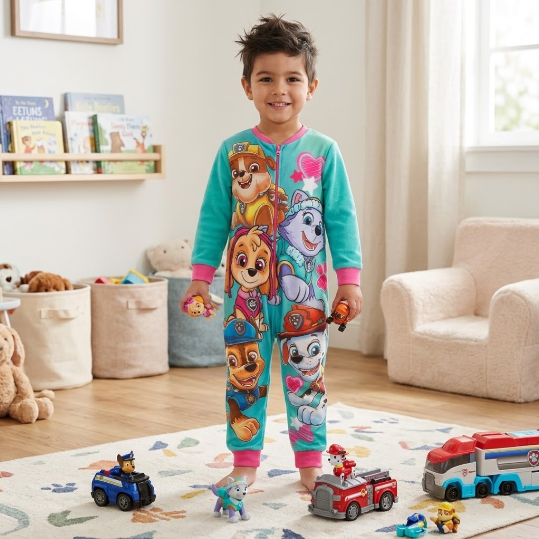 Young boy smiling while standing on a patterned rug wearing a turquoise and pink Paw Patrol fleece onesie, surrounded by Paw Patrol toy vehicles and figurines.