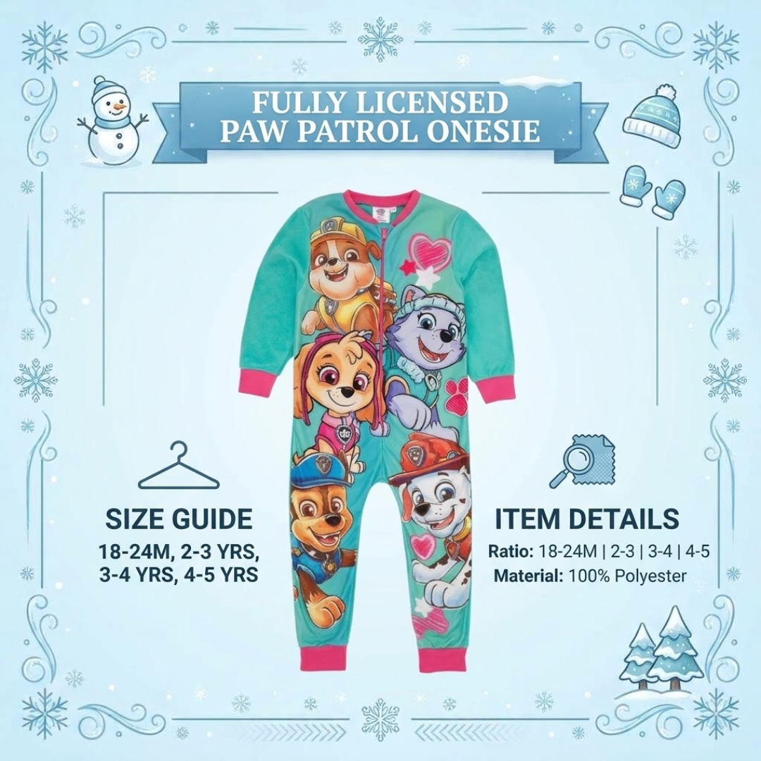 Promotional infographic image for a fully licensed Paw Patrol fleece onesie, featuring size guide ranges from 18-24 months to 4-5 years and item details showing 100% polyester material set against a winter-themed background.