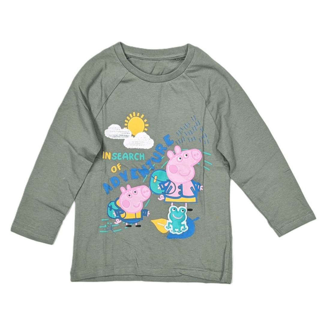 Green long-sleeve shirt with Peppa Pig and George Pig characters on a white background