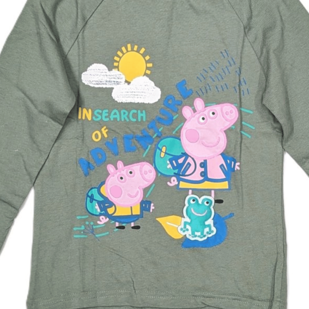 Green long-sleeve shirt with Peppa Pig and friends graphic and 'In Search of Adventure' text.