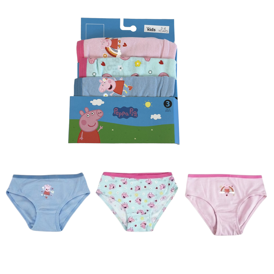 A pack of children's underwear displayed on a white background, with a blue Peppa Pig branded header card above three pairs: light blue, light pink, and pale pink. The underwear features Peppa Pig and other cartoon character prints.
