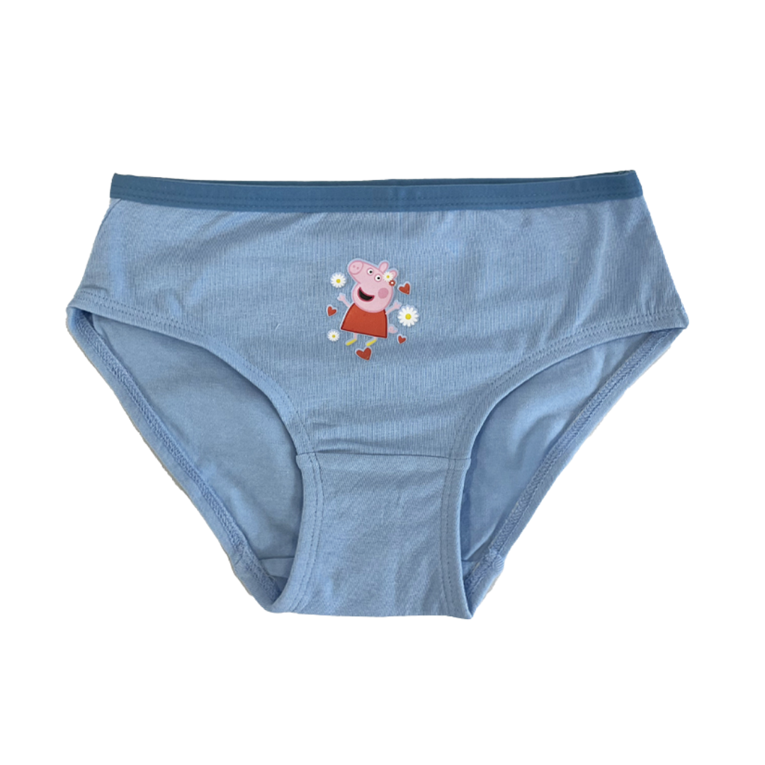Light blue ribbed cotton briefs featuring a Peppa Pig character graphic on the front, set against a plain white background.