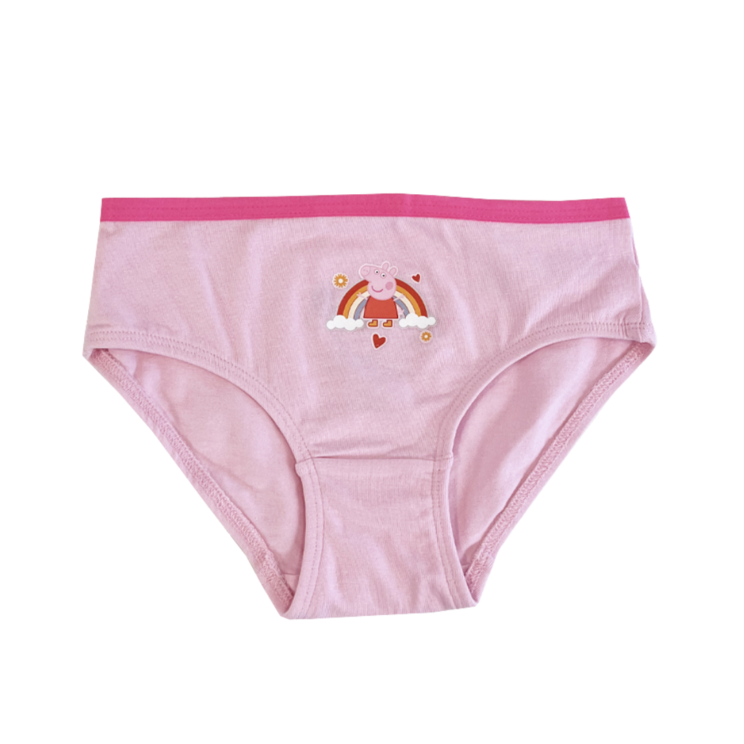 Pink children's underwear with a pink waistband and a Peppa Pig rainbow graphic on the front, shown on a plain white background.