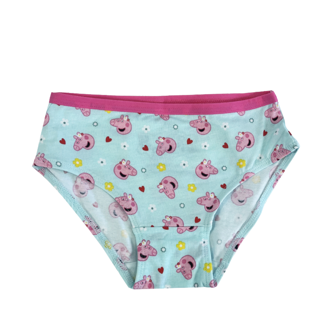 Light blue girls' underwear with a pink waistband, featuring a repeating pattern of pink cartoon characters and small colorful hearts, flowers, and dots.