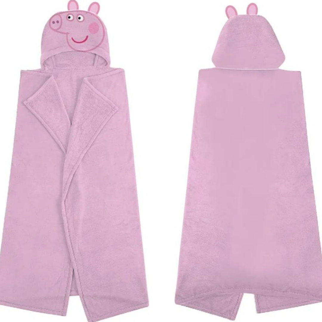 Front and back view of a pink Peppa Pig hooded poncho towel featuring 3D ears and Peppa's face printed on the hood.