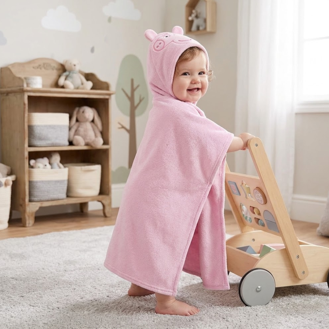Smiling baby wearing a pink Peppa Pig hooded towel with 3D ears while holding onto a wooden push walker in a nursery.