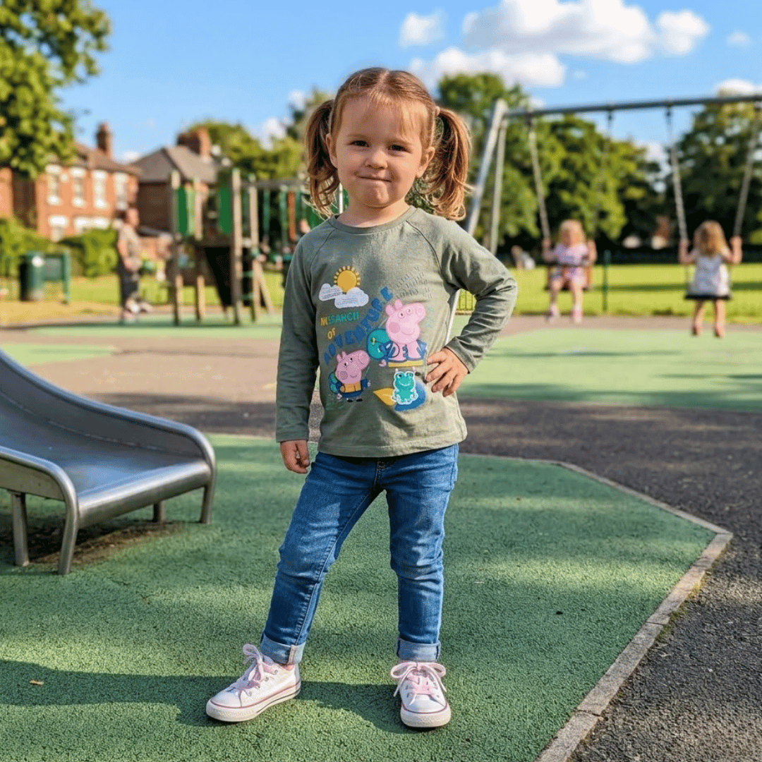 Child standing on a playground wearing a green shirt with cartoon designs and blue jeans.