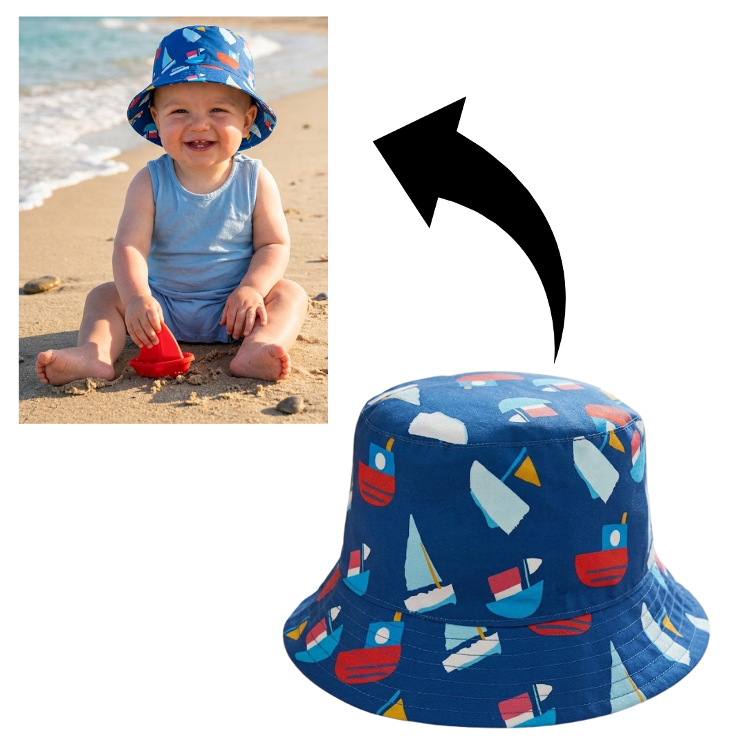 Child wearing a blue bucket hat with boat pattern on a beach