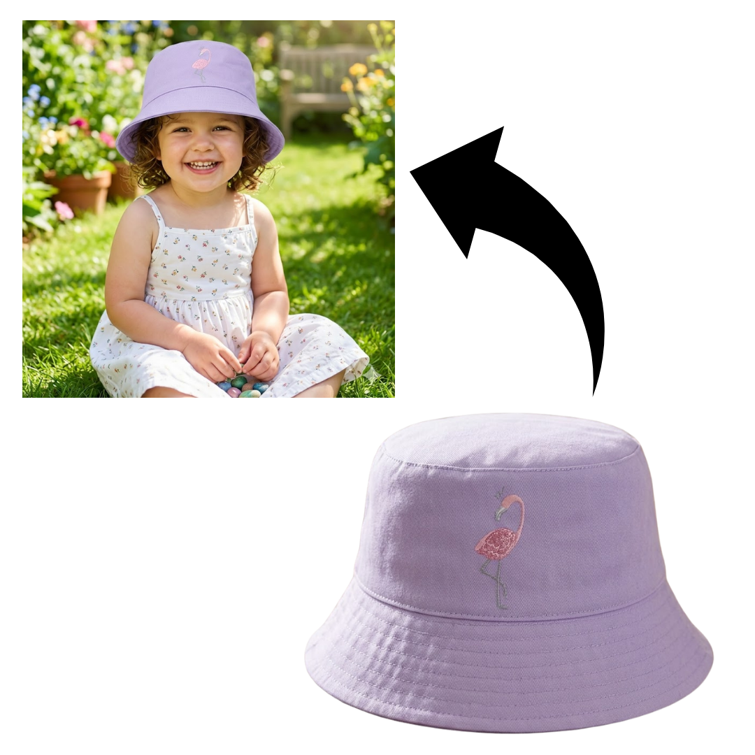 Child wearing a purple bucket hat with a flamingo design, sitting in a garden.