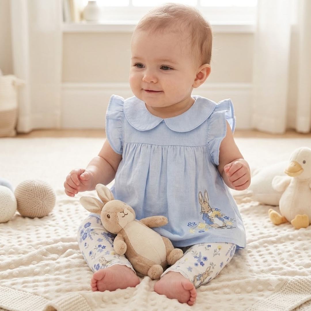 Baby in a light blue dress with bunny design sitting on a soft surface holding a plush toy.