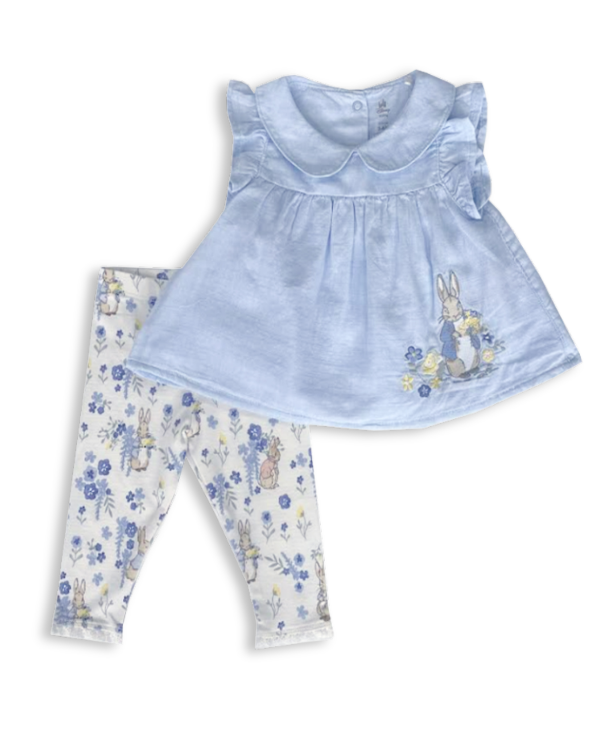Baby outfit with blue top and floral leggings on a white background