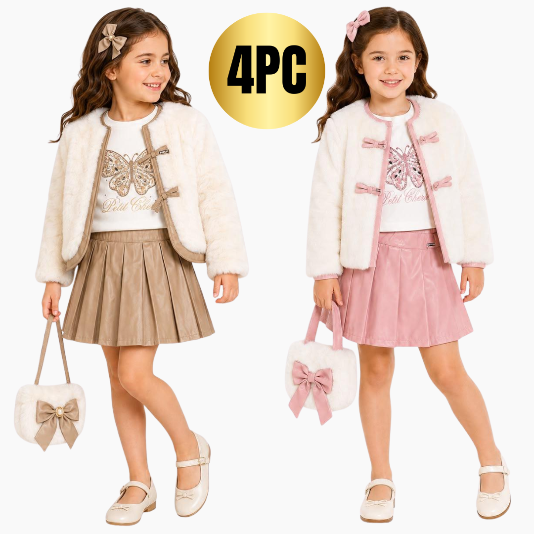 Two young girls modeling matching 4-piece outfits against a white background, featuring a white faux fur jacket with decorative buttons, a white top with a butterfly graphic, a pleated skirt in beige and pink, and a matching handbag. A gold circular badge reads '4PC'.