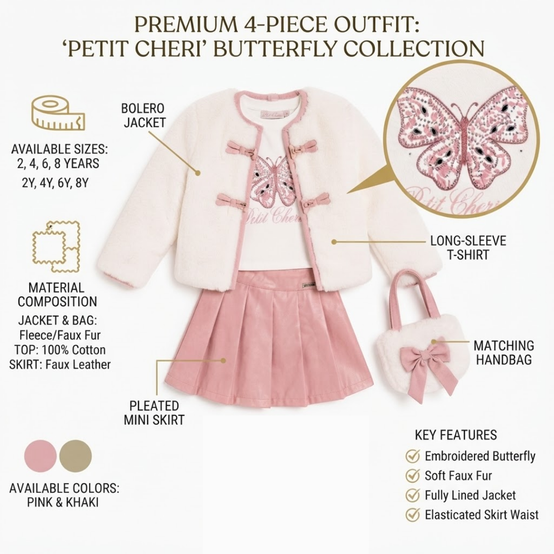 An infograpic image of Petit Cheri 4-Piece Butterfly Outfit Set 