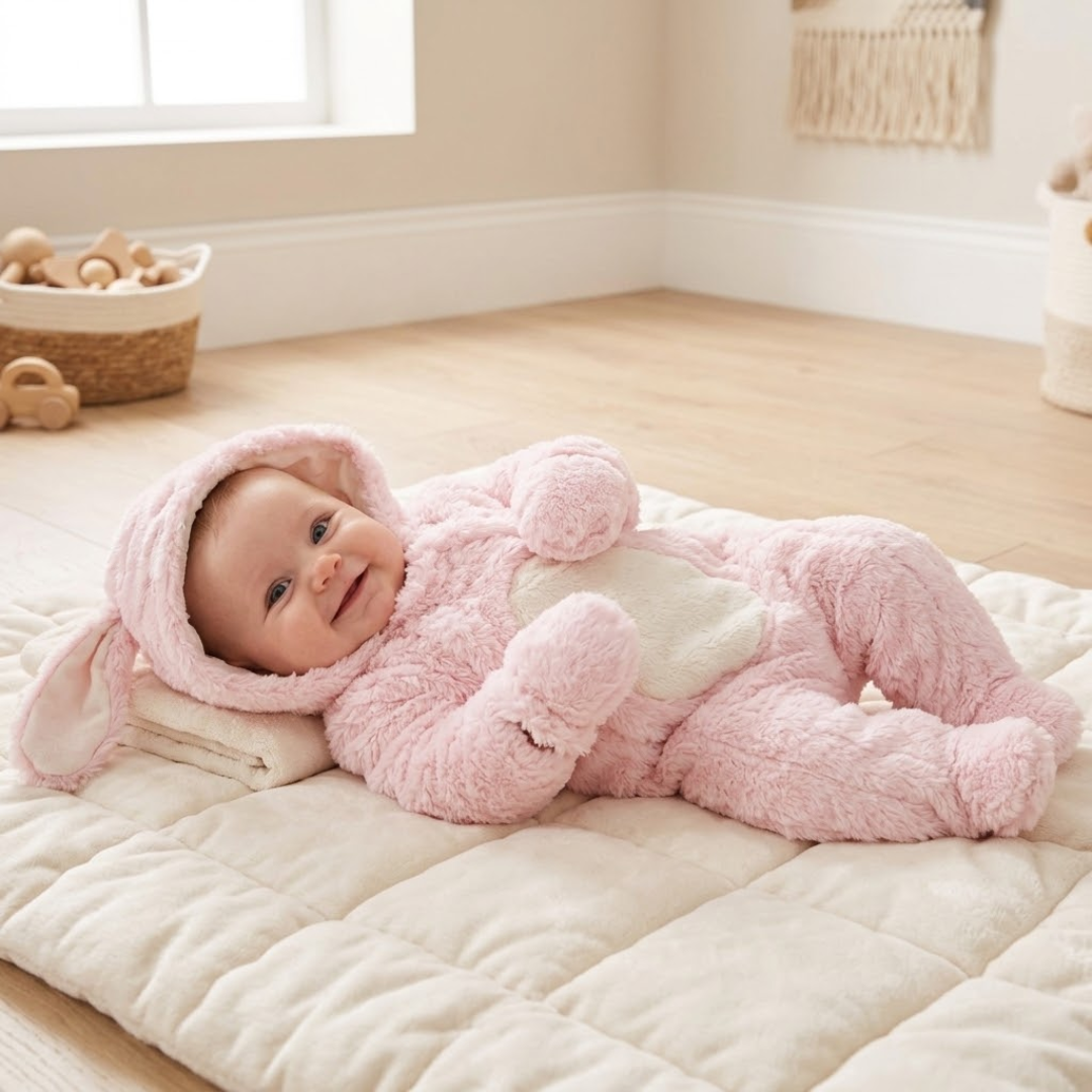 A baby wearing a fluffy pink bunny costume with long bunny ears and a white belly patch, lying on a cream quilted mattress in a bright nursery.