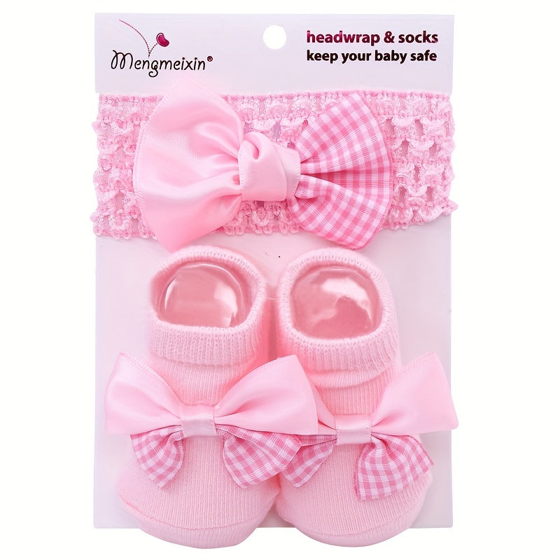 Baby headband and booties set with checkered patterns on packaging, featuring the brand 'Mengmeixin'.