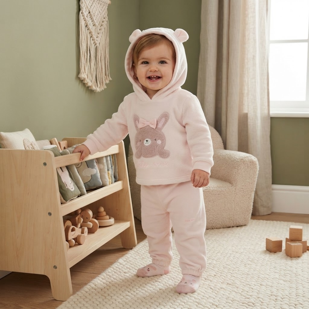 A baby wearing a light pink two-piece fleece outfit with a bunny graphic on the chest and a bear-ear hood, standing in a cozy nursery next to a wooden toy organizer.