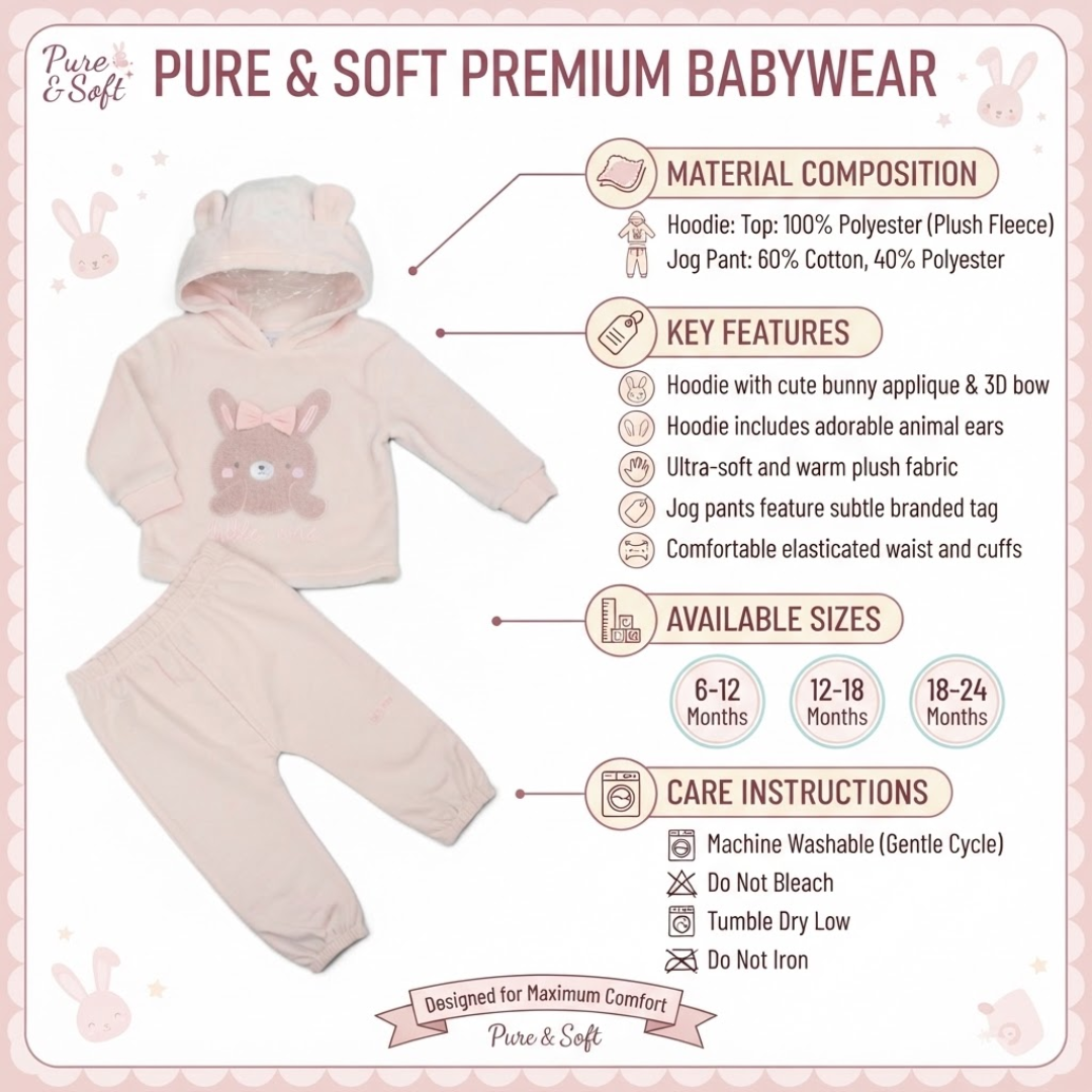 A baby two-piece pajama set in pale pink, featuring a hooded top with bunny ears and a bunny face applique, paired with jogger pants. The image is an infographic detailing the material composition, key features, available sizes, and care instructions for the Pure & Soft brand.