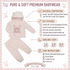 A baby two-piece pajama set in pale pink, featuring a hooded top with bunny ears and a bunny face applique, paired with jogger pants. The image is an infographic detailing the material composition, key features, available sizes, and care instructions for the Pure & Soft brand.