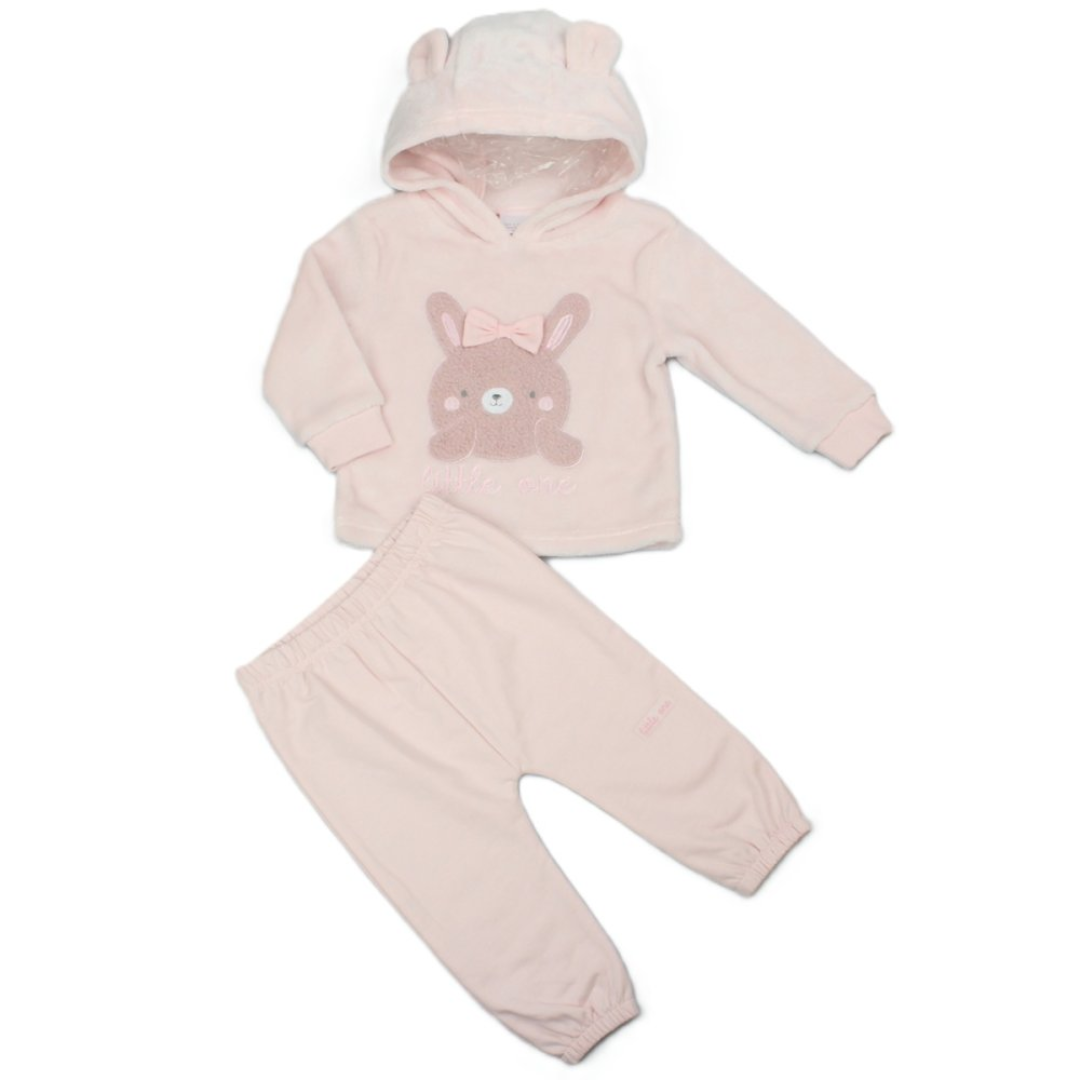 A baby girl's two-piece fleece pajama set in pale pink, featuring a hooded sweatshirt with bear ears on the hood and a pink bunny applique on the front, paired with matching jogger pants.