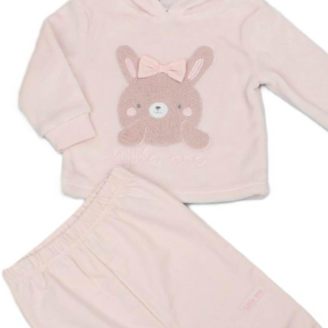 A baby girl's two-piece fleece pajama set in pale pink, featuring a hooded long-sleeve top with a brown bunny applique wearing a pink bow and the words 'little one', paired with matching elastic-waist pants.