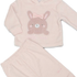 A baby girl's two-piece fleece pajama set in pale pink, featuring a hooded long-sleeve top with a brown bunny applique wearing a pink bow and the words 'little one', paired with matching elastic-waist pants.